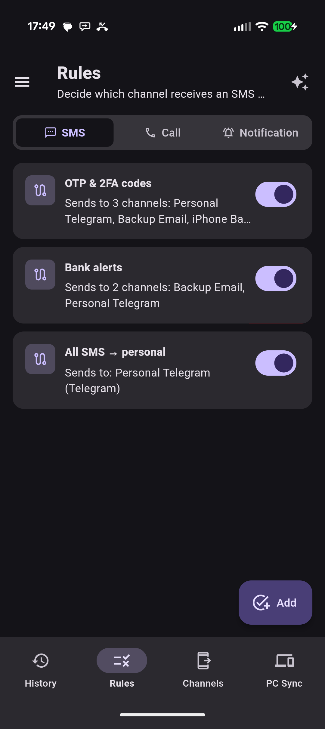Rules per source — SMS, calls and notifications
